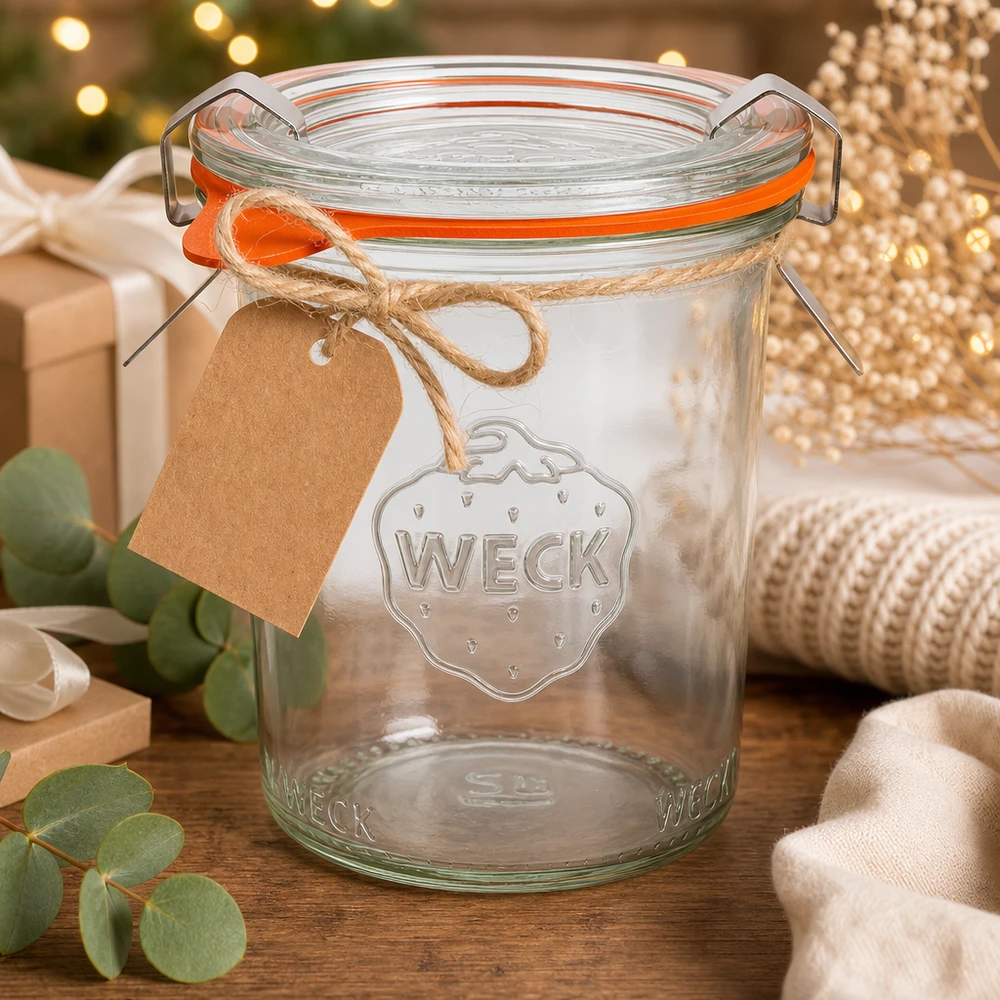 160ml bocal conique complet WECK RR60 WECK Verre renversé 160ml RR60 comme idée de cadeau décorée pour Noël avec pendentif en papier kraft et ruban de jute