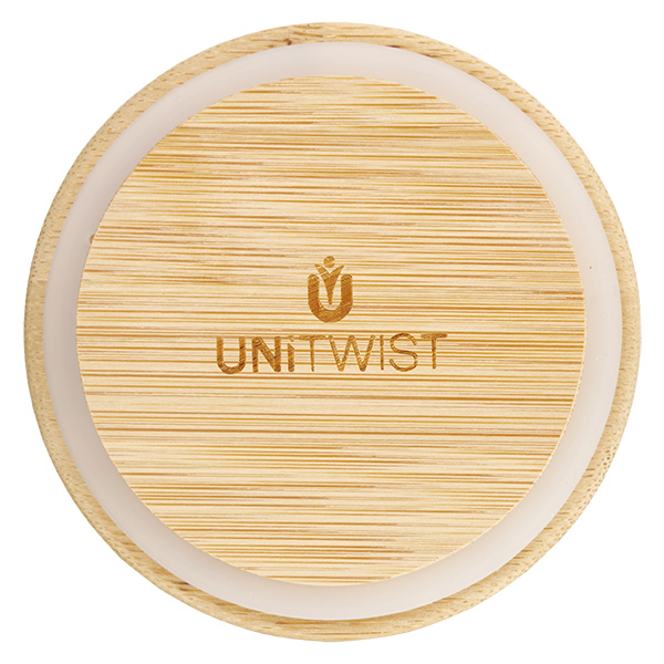 Couvercle en bois RR80 WECK Couvercle en bambou RR80 par le haut avec logo UNITWIST et veines du bois visibles pour bocaux WECK de 80mm de diamètre