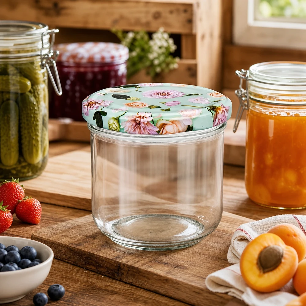Tumbler de 260 ml + couvercle BasicSeal fleur menthe UNiTWIST 260ml bocal vide avec couvercle à fleurs BasicSeal menthe entre les bocaux dans une cuisine rustique avec des fruits frais