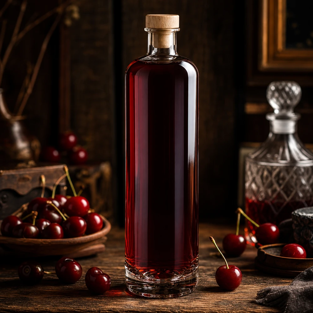 Bouteille en verre Ella de 700 ml remplie de liqueur de cerise avec bouchon en bois dans une atmosphère élégante de distillerie avec des cerises fraîches