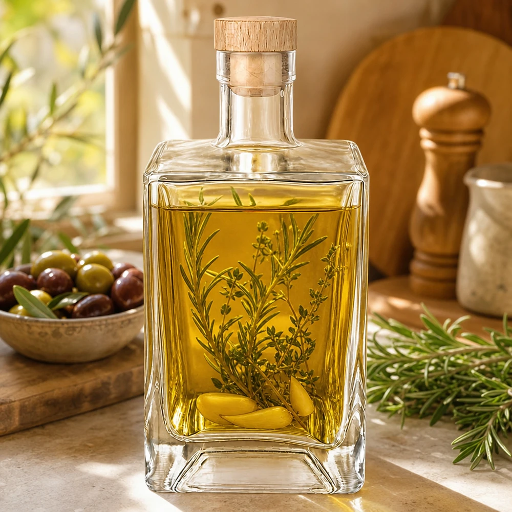 Bouteille en verre Ben de 700ml remplie d'huile d'olive herbes cuisine méditerranéenne branche de romarin olives bouchon en bois UNiTWIST