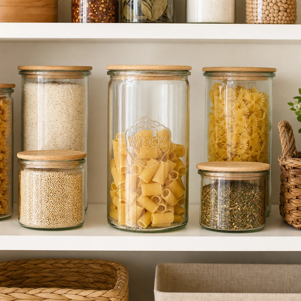WECK Pot cylindrique 1590ml RR100 avec couvercle en bois comme organisation de cuisine pour pâtes riz épices dans l'armoire à provisions