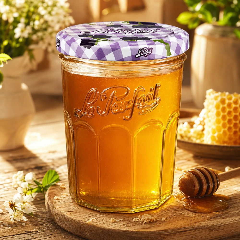 Le Parfait Verre renversé 385ml rempli de miel à côté d'alvéoles et cuillère à miel sur planche en bois dans une atmosphère chaleureuse