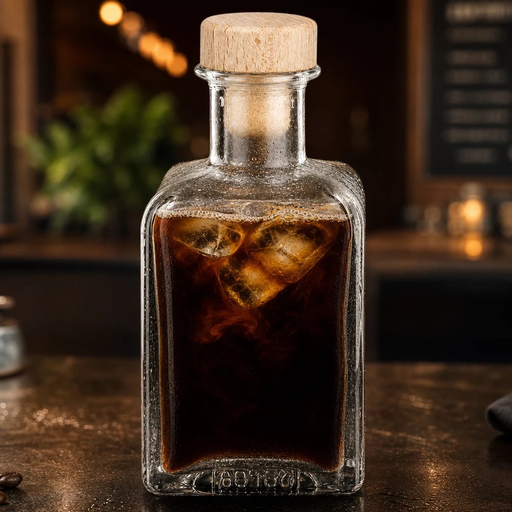 Bouteille en verre Clara de 200 ml remplie de café Cold Brew Glaçons Bouchon en bois éclairage atmosphérique Café Ambiente
