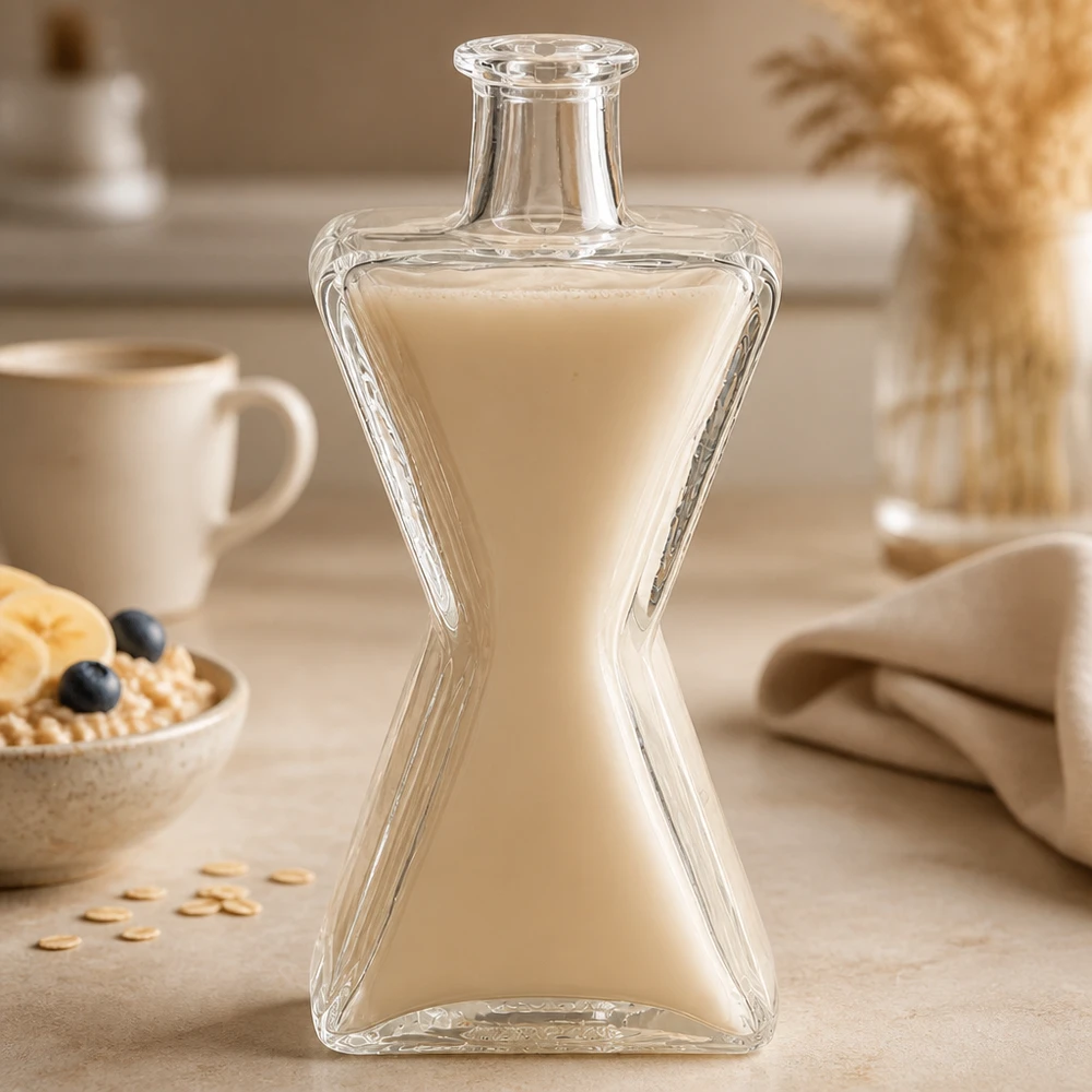 200ml Glasflasche Star mit cremiger Milch befüllt auf Frühstückstisch neben Müslischale als Milchkanne alternative