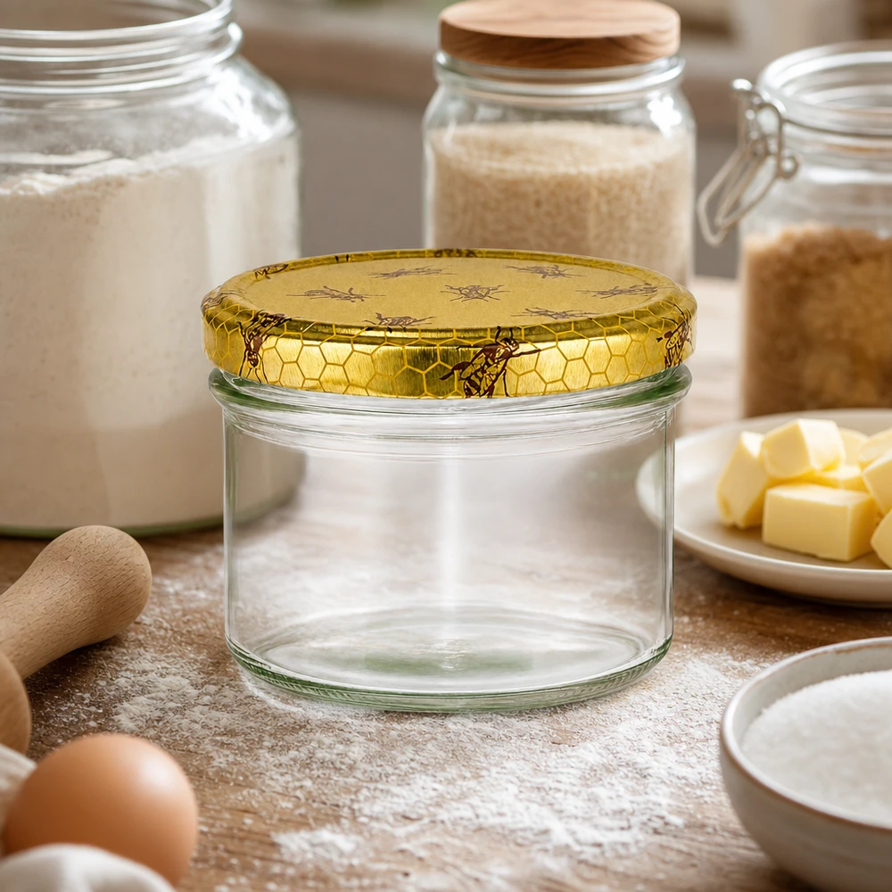 225ml verre à pied vide avec couvercle doré BasicSeal en nid d'abeille dans le fournil scène de cuisine avec farine beurre oeufs