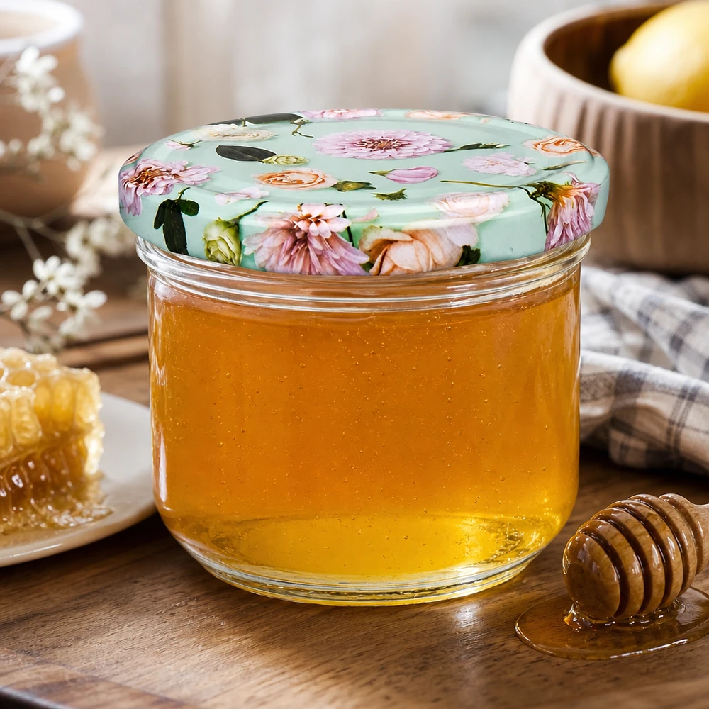 Verre renversé 260ml BasicSeal Couvercle à fleurs menthe rempli de miel, cuillère à miel et nid d'abeille sur table en bois Lifestyle-Setting