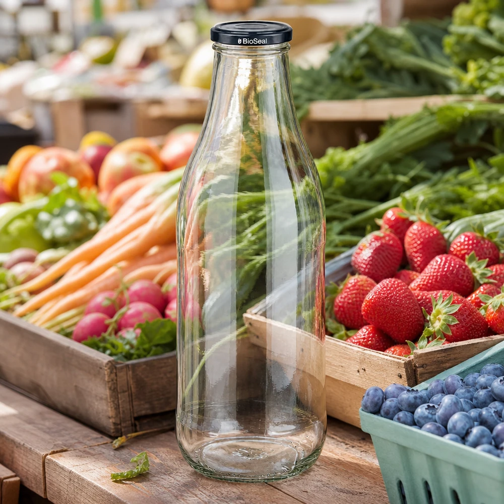 Bouteille en verre 1000ml BioSeal couvercle noir étal de marché fruits frais légumes fraises myrtilles durable régional