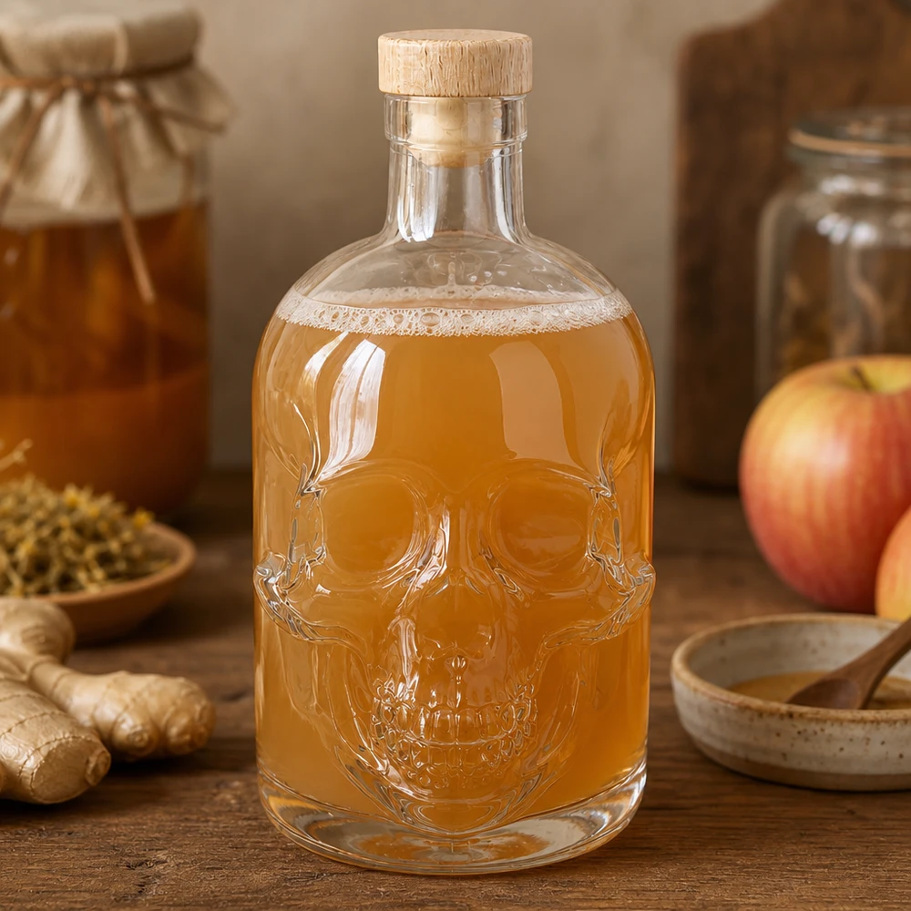 Bouteille en verre 500 ml « Jack » avec bouchon en bois UNiTWIST® Dekorative Totenkopf-Glasflasche Jack 500ml mit Honig befüllt, Holzkorken und rustikalem Küchen-Ambiente mit Äpfeln