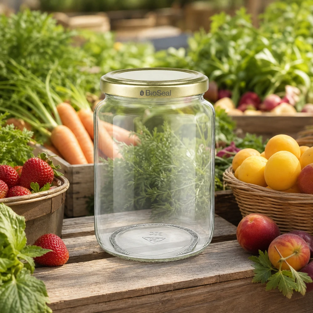 Pot à miel 1000 g avec couvercle doré BioSeal UNiTWIST 1000g de pot de miel BioSeal entouré de fruits et légumes frais montre la fraîcheur naturelle et de conservation