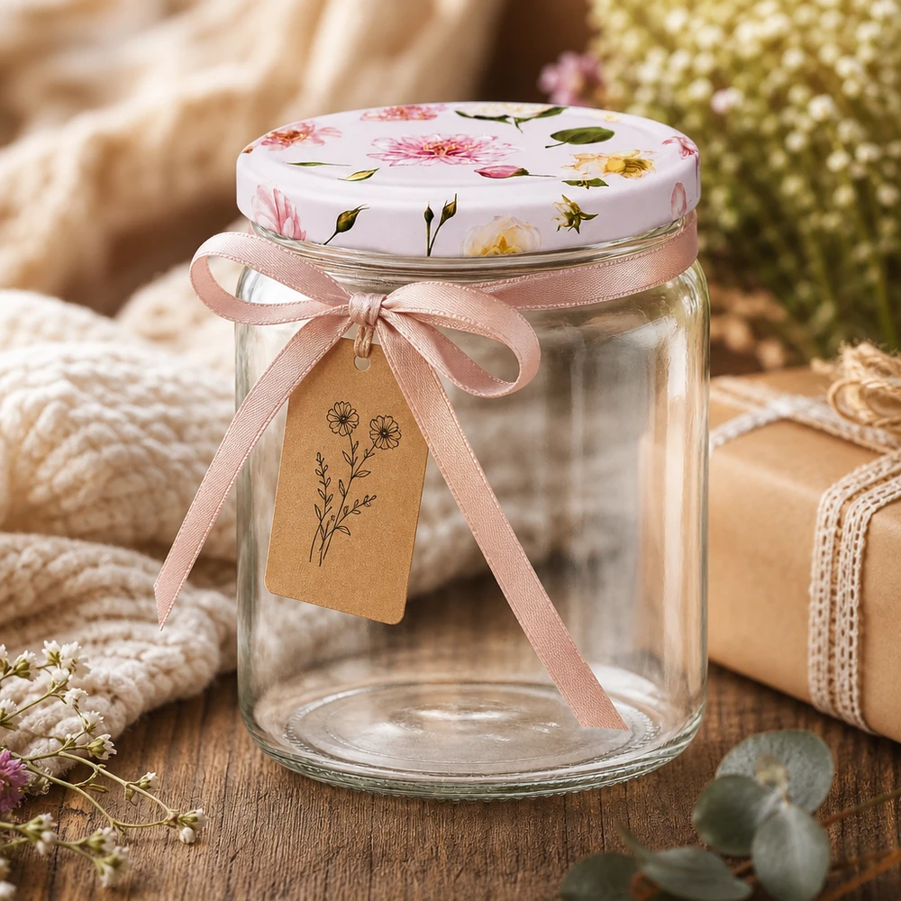 408ml pot rond rose couvercle à fleur BasicSeal décoratif arrangé avec ruban pendentif emballage cadeau pot à conserve
