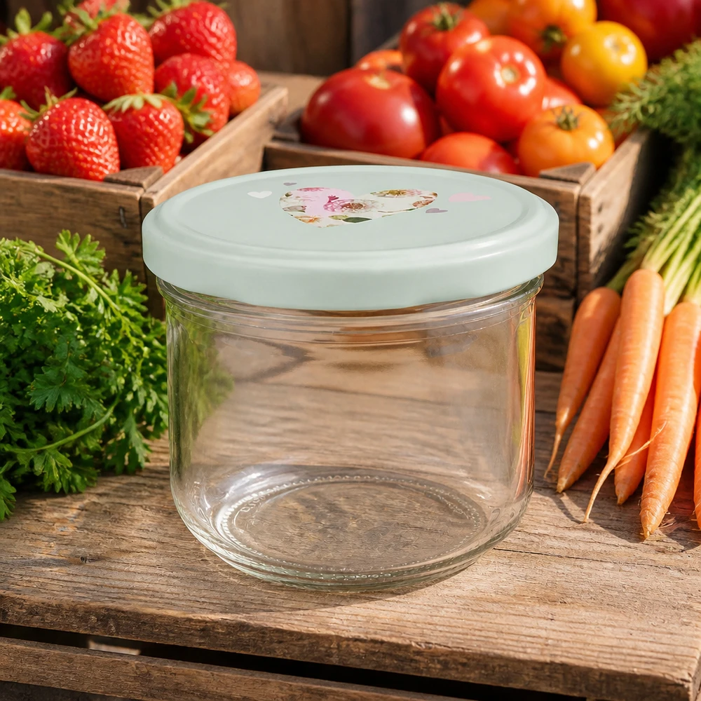 Tumbler de 260 ml + couvercle BasicSeal cur menthe UNiTWIST Verre renversé de 260 ml vide avec couvercle BasicSeal vert menthe devant des tomates fraîches, des fraises et des carottes sur une table en bois