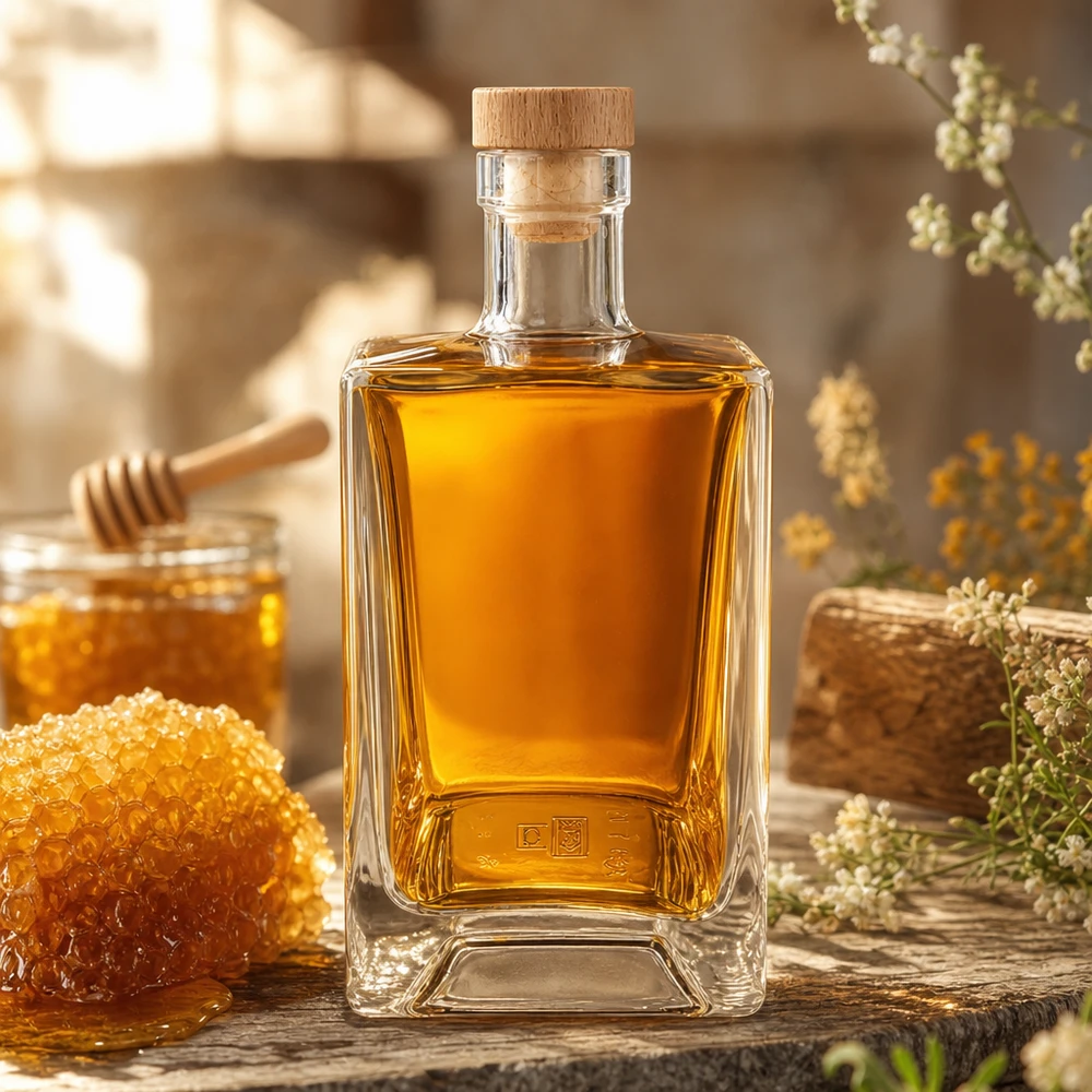Bouteille en verre 700 ml « Ben » avec bouchon en bois UNiTWIST® Bouteille en verre Ben de 700 ml remplie de miel à côté de rayons d'abeilles et d'un pot de miel décoration rustique bouchon en bois UNiTWIST
