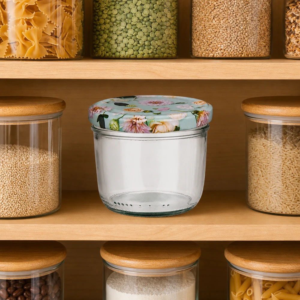 Verre renversé de 230 ml avec couvercle à fleurs vert menthe dans le placard à provisions entre les bocaux de pâtes lentilles et riz