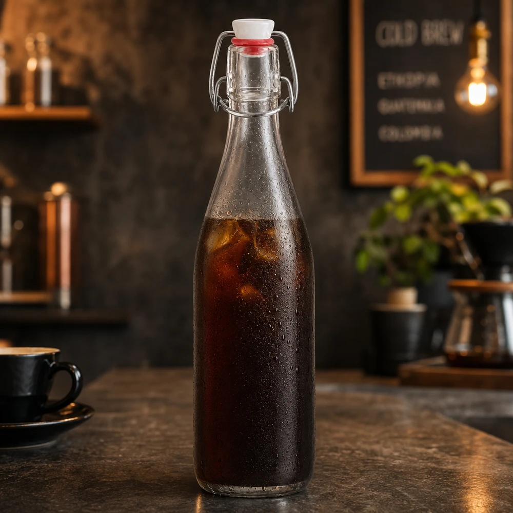 Bouteille en verre de 500 ml avec bouchon à étrier remplie de café Cold Brew dans une atmosphère de café rustique