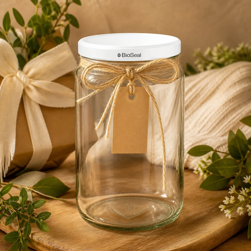 795ml Verre rond avec couvercle BioSeal blanc UNiTWIST UNiTWIST Runda795 Emballage cadeau avec nœud en raphia et étiquette en papier kraft - emballage décoratif en verre