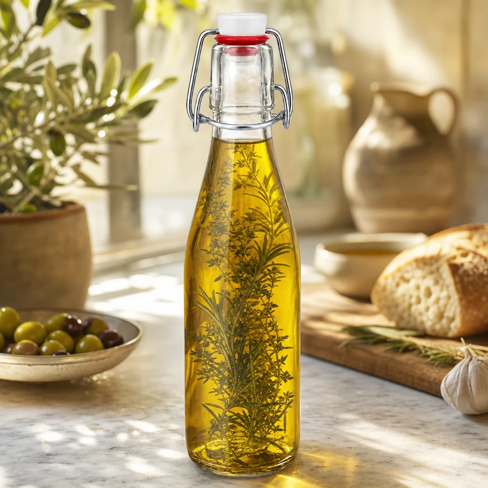 Bouteille en verre de 250 ml avec bouchon à étrier remplie d'huile aux herbes, scène de cuisine décorative avec olives et pain