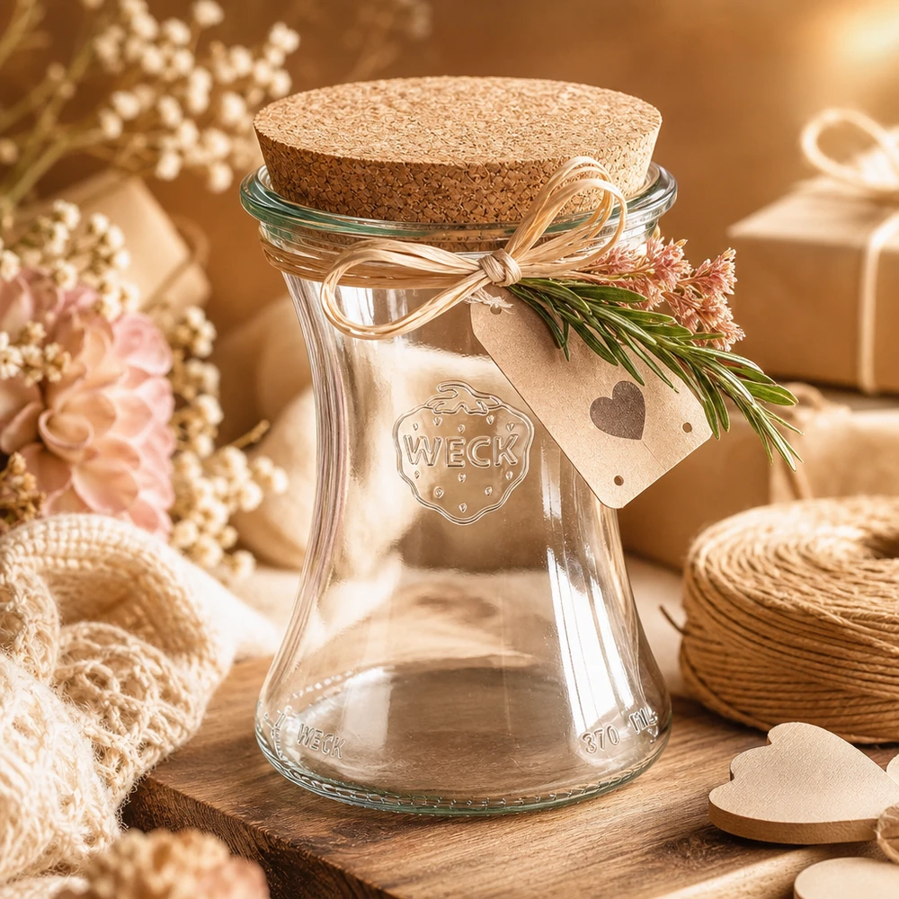 370ml bocal à gourmandises WECK RR80 avec bouchon nature WECK Pot à délicatesse 370ml RR80 avec couvercle en liège comme emballage cadeau avec ruban et pendentif en forme de cœur