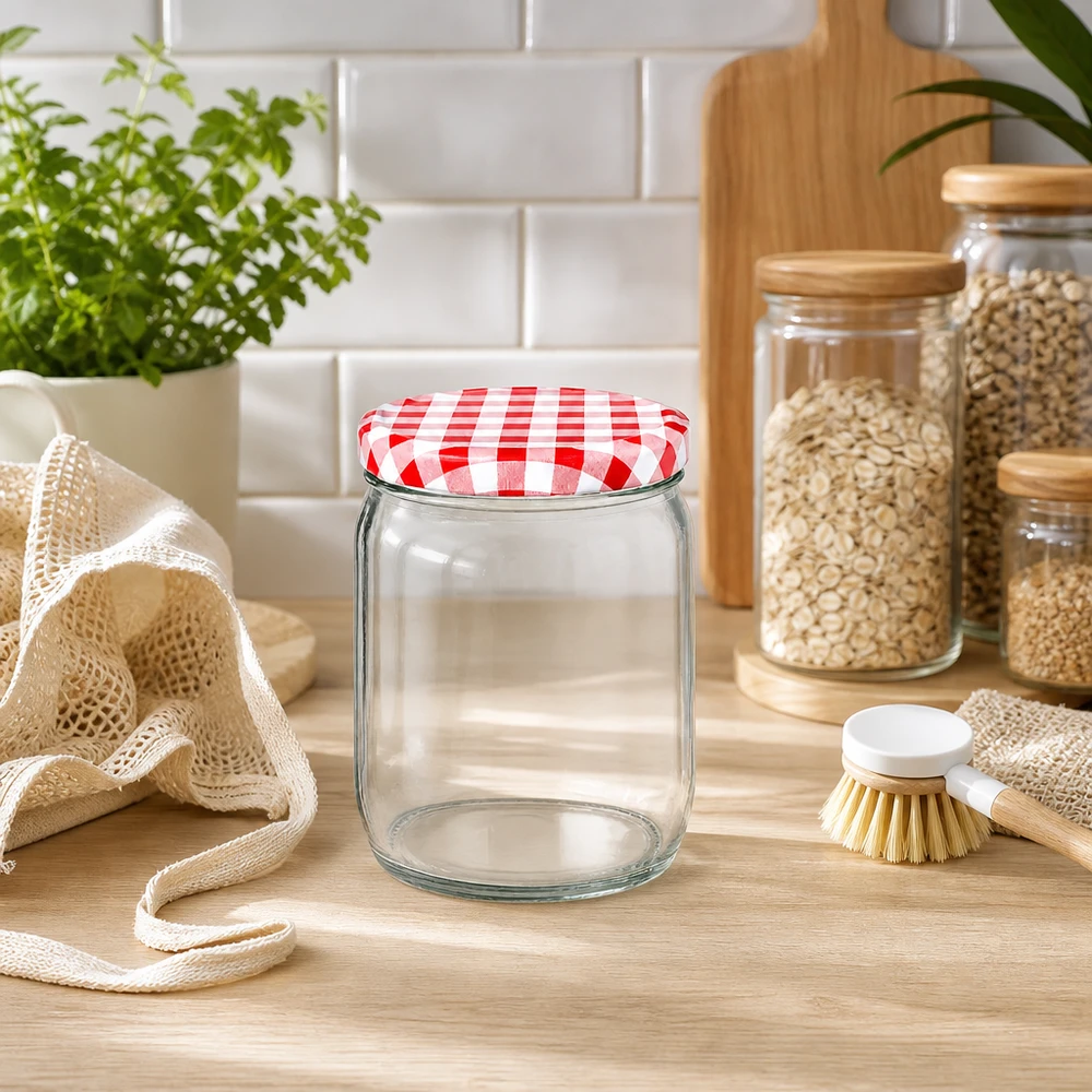 Pot rond de 425 ml avec couvercle à carreaux rouges et blancs dans une cuisine durable avec bocaux à provisions et planche en bois
