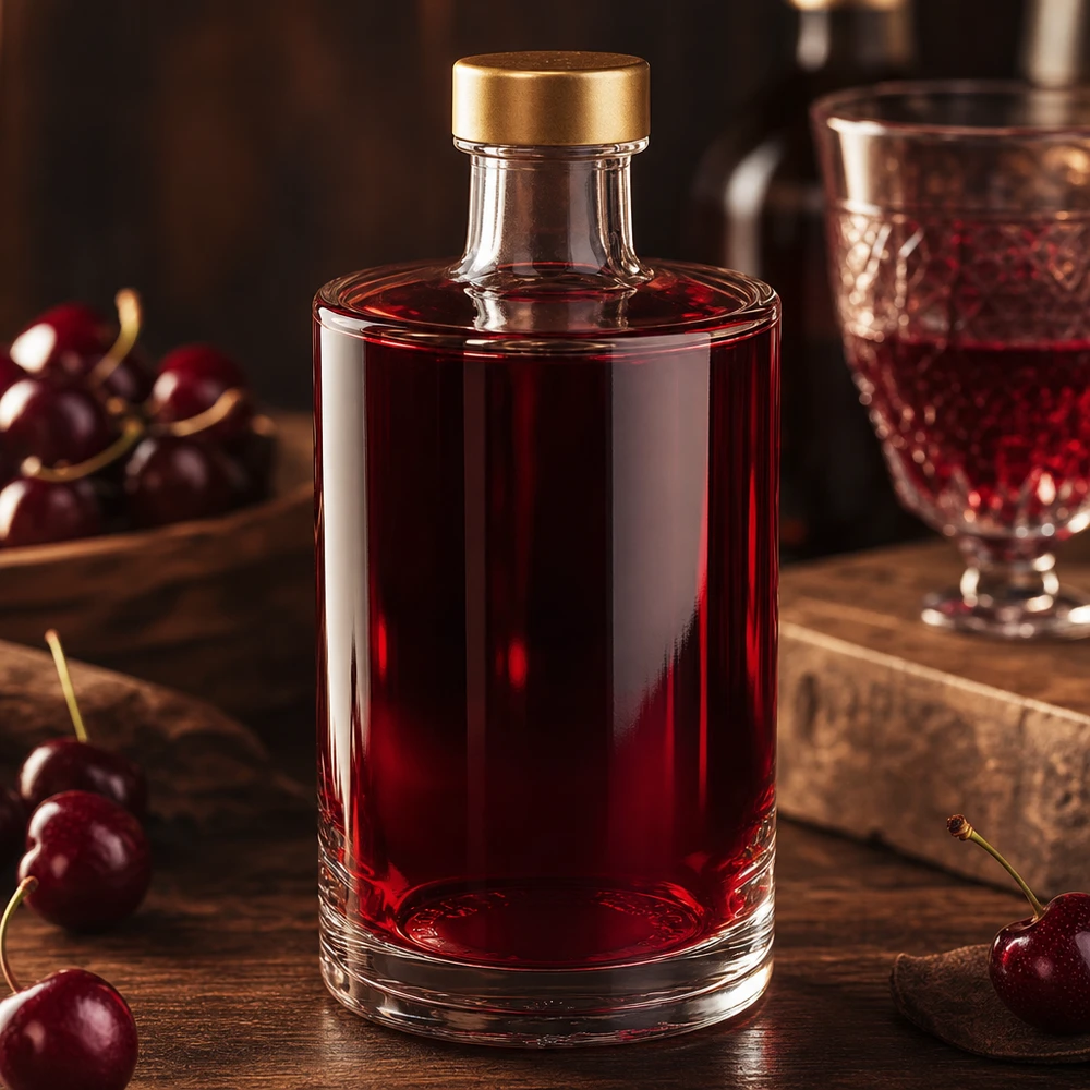 375ml Bouteille en verre Sam remplie de liqueur de cerise Bouchon à vis doré UNiTWIST Cerises Liqueur Spiritueux Ambiance