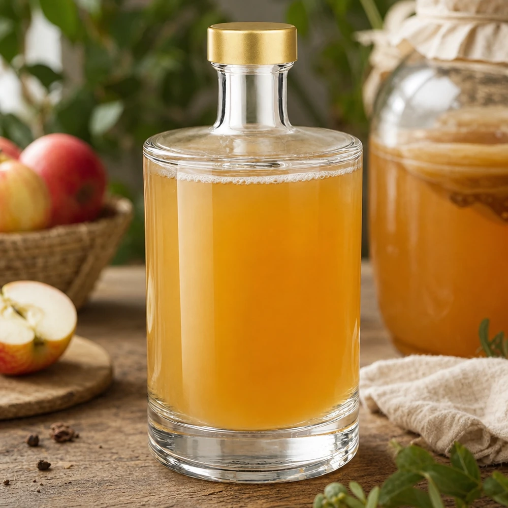 Bouteille en verre 500 ml « Sam » + bouchon à vis doré UNiTWIST® Bouteille en verre de 500ml Sam remplie de jus de pomme bouchon doré UNiTWIST décoration rustique pomme table en bois