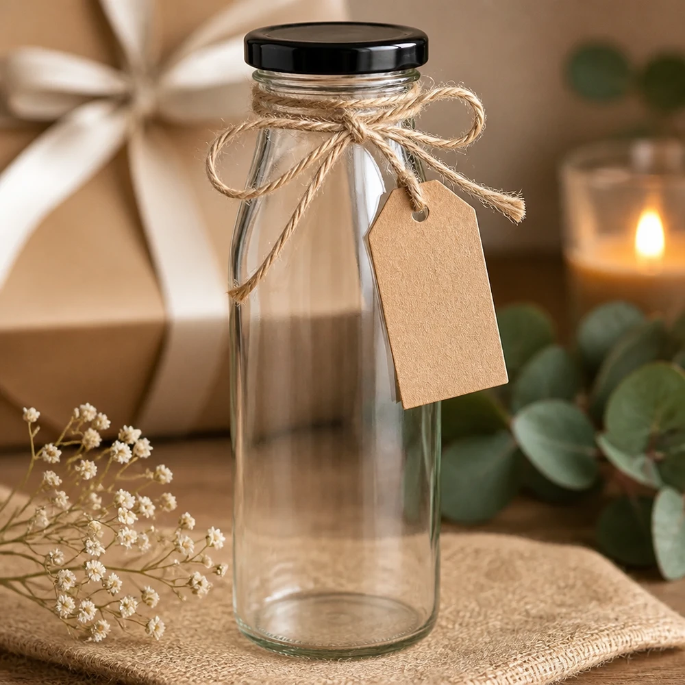 Bouteille en verre de 500 ml avec couvercle noir, décorée avec une corde de jute et une étiquette cadeau rustique.