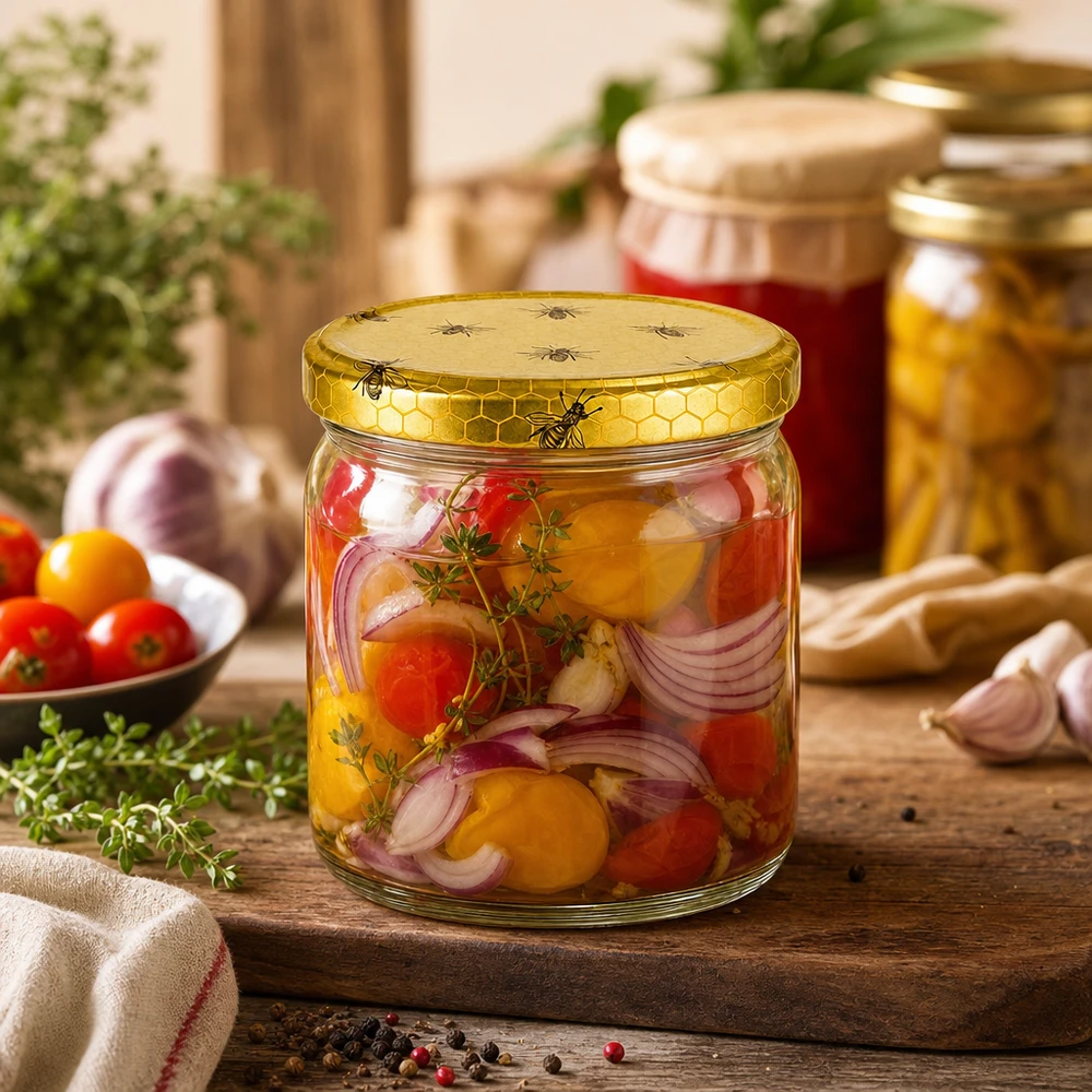 408ml Verre rond avec couvercle BasicSeal nid d'abeilles UNiTWIST Bocal rond de 408 ml avec couvercle BasicSeal en nid d'abeille rempli de tomates et d'oignons marinés dans une cuisine rustique