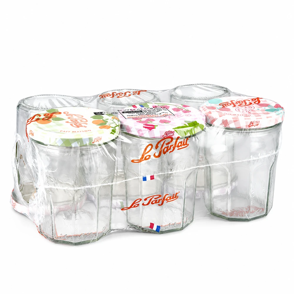 Le Parfait Jam Verres renversés 385ml en pack de 6 avec couvercles à vis colorés emballés sous film rétractable