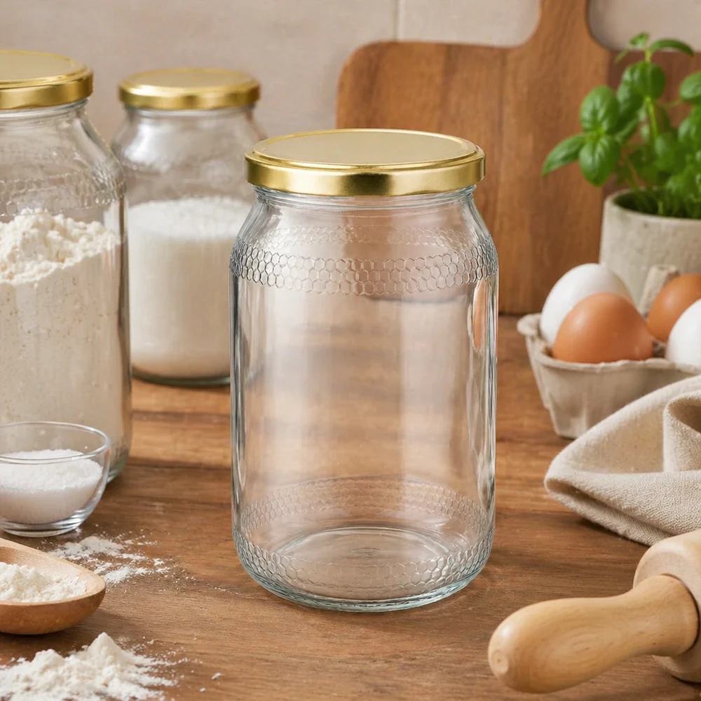 Pot à miel 1260 g avec couvercle doré BasicSeal UNiTWIST Pot à miel vide de 900 ml avec structure en nid d'abeille et couvercle doré dans une scène de cuisine rustique avec des ingrédients de pâtisserie