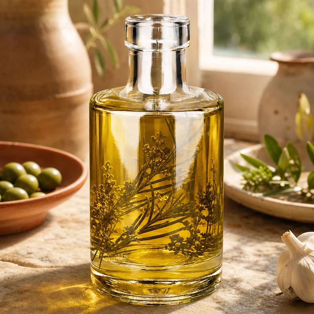 Bouteille Marie en verre 200 ml « » sans bouchon UNiTWIST® Bouteille en verre Marie 200ml remplie d'huile aux herbes Exemple d'utilisation cuisine décoration méditerranéenne Lifestyle