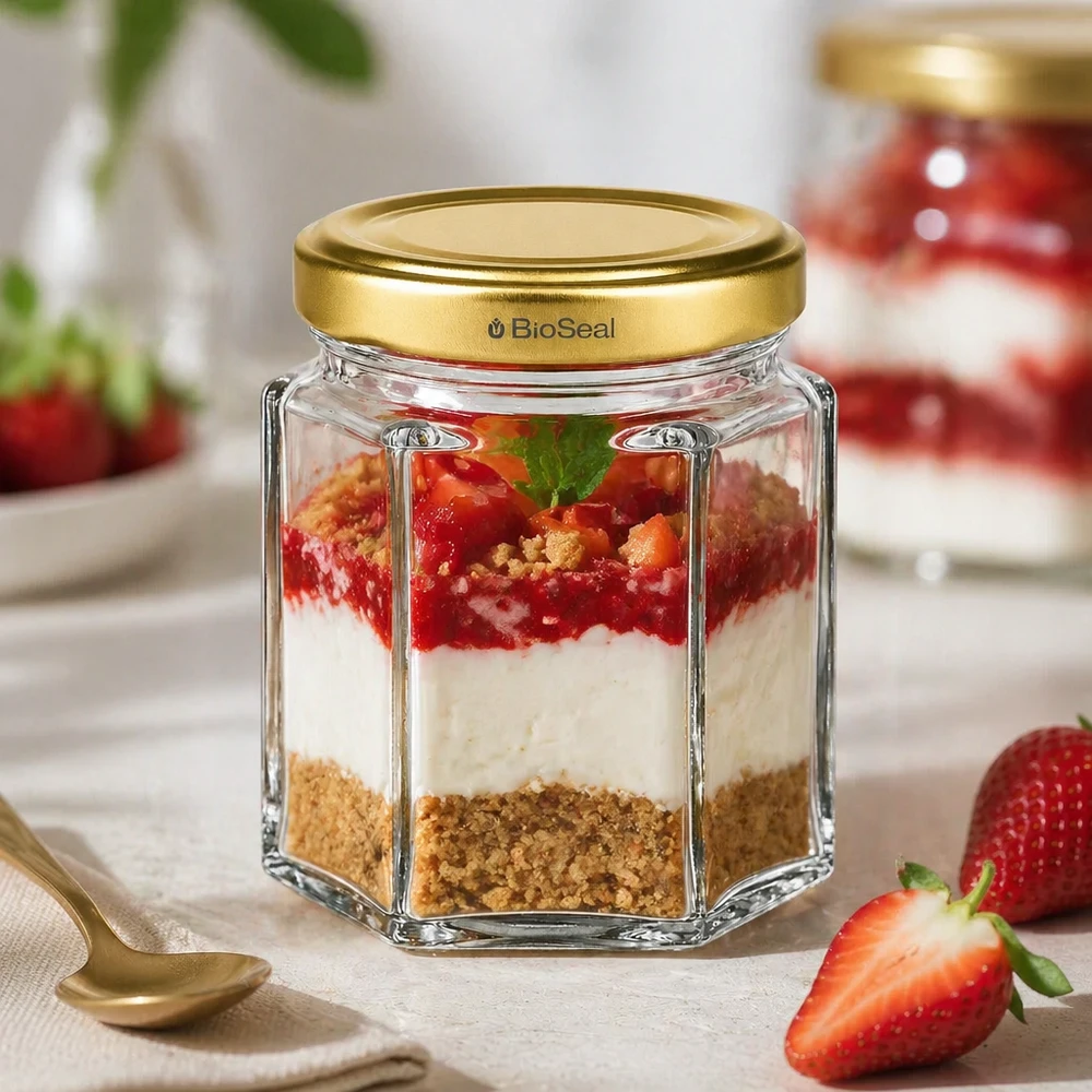 Pot à miel 60 g avec couvercle doré BioSeal UNiTWIST Pot de miel BioSeal 60g avec dessert stratifié cheesecake à la fraise rempli à côté de cuillères dorées et de fraises fraîches