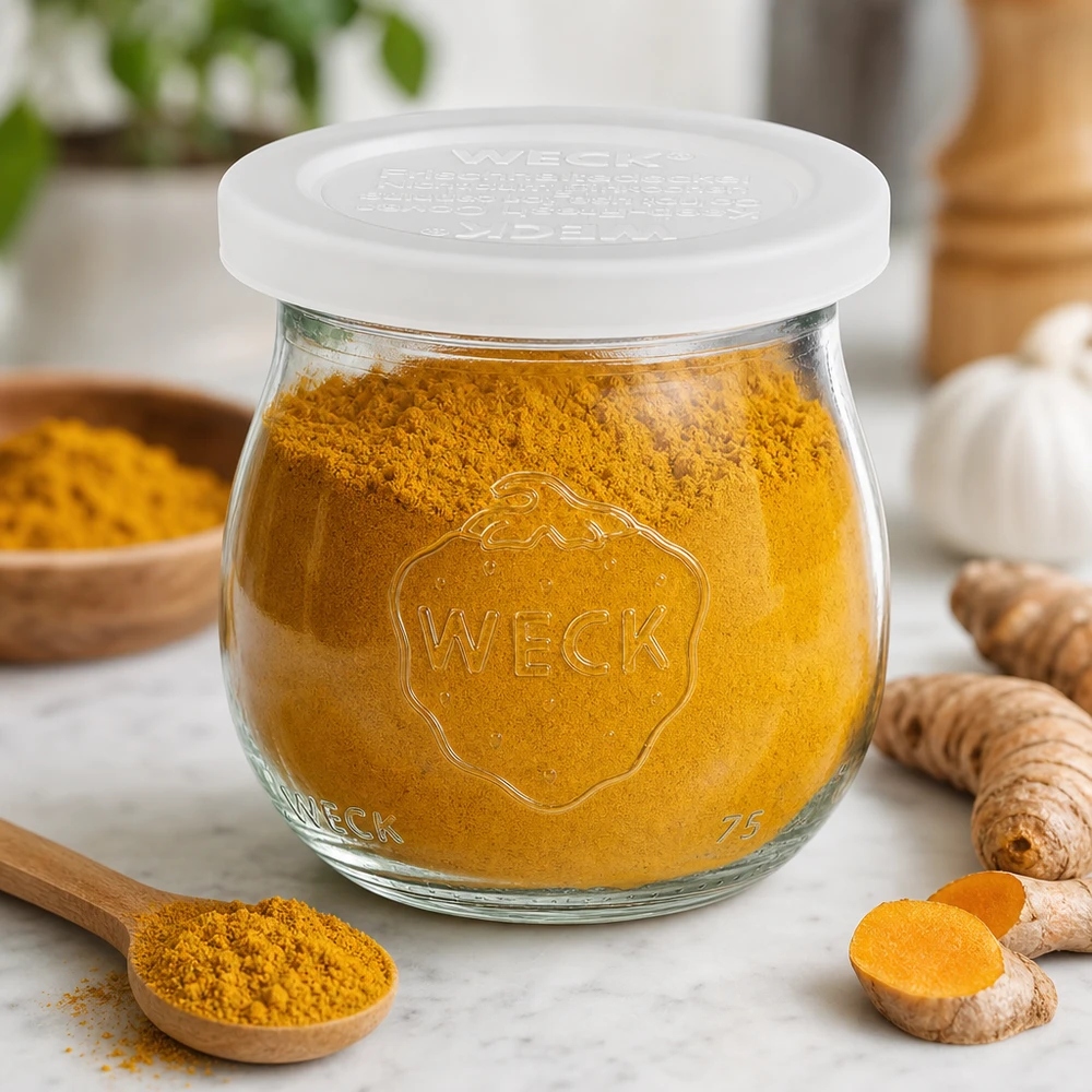 75ml bocal tulipe avec couvercle fraîcheur WECK RR40 WECK Pot tulipe 75ml RR40 rempli de poudre de curcuma à côté de racines de curcuma fraîches et cuillère en bois sur marbre