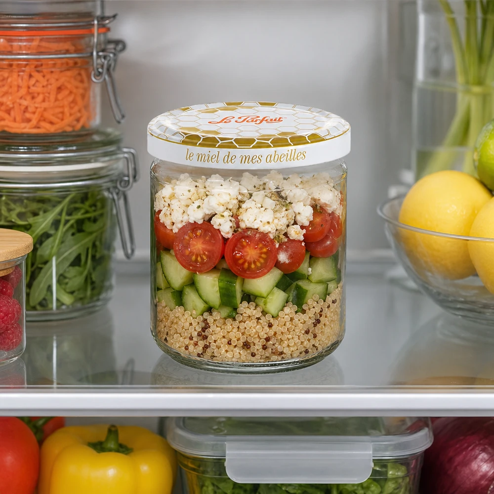 Le Parfait Honey Pot à provisions 212ml avec salade stratifiée de quinoa concombre tomate et feta au réfrigérateur