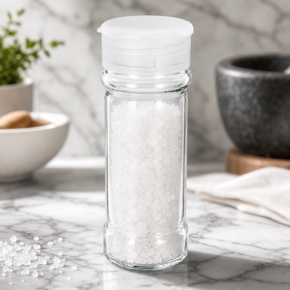 Pot à sel rond de 100 ml avec bouchon saupoudreur blanc, rempli de gros sel marin, posé sur un socle en marbre