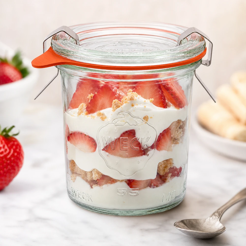 140ml bocal conique complet WECK RR60 WECK Pot renversé 140ml RR60 avec dessert à la fraise et à la crème rempli comme pot à portions avec des fraises fraîches et des miettes de biscuits