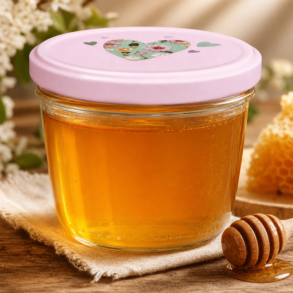 Verre renversé 230ml rose BasicSeal Couvercle rempli de miel à côté de la cuillère à miel sur un dessous de plat en jute Produits naturels Conservation