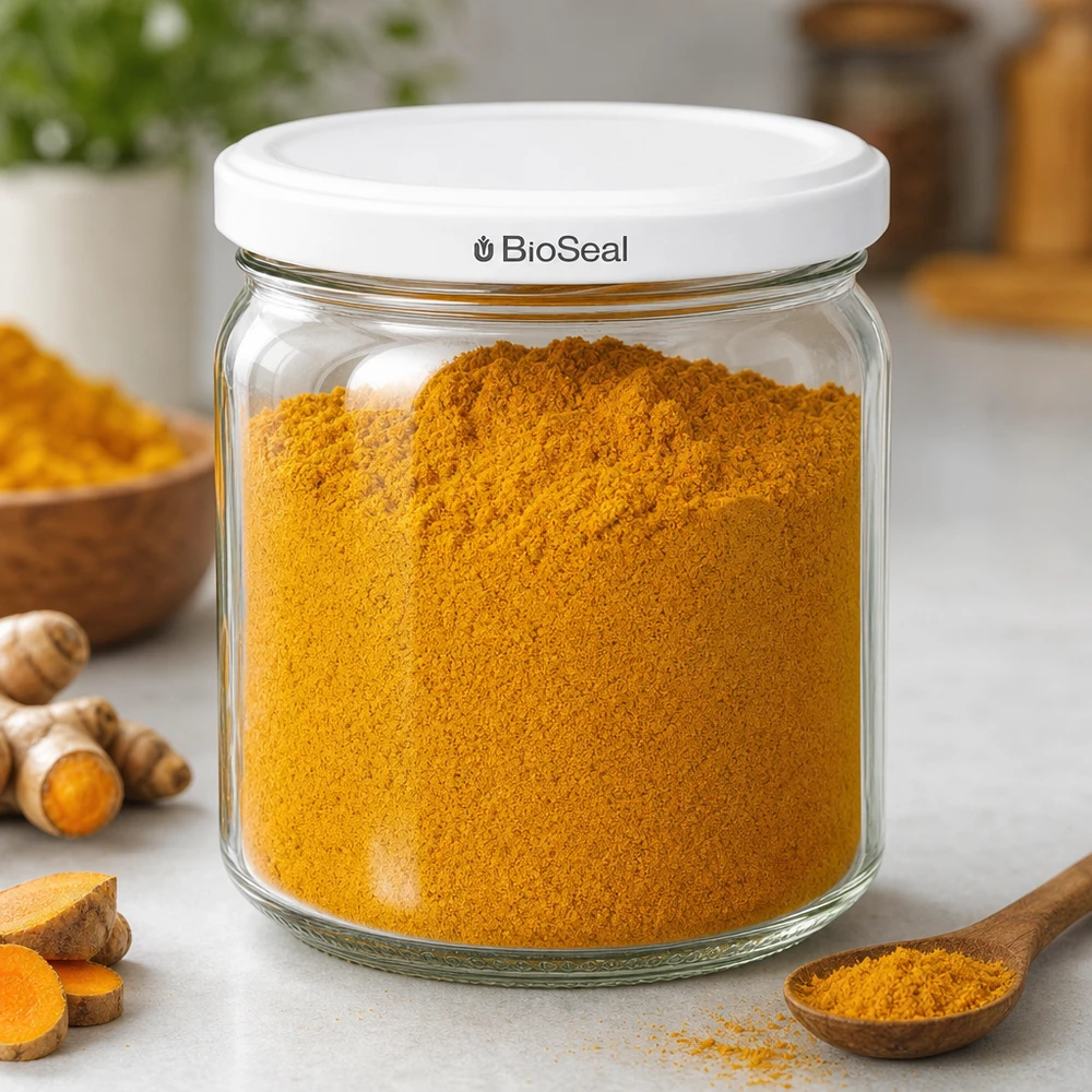 UNiTWIST Runda408 Bocal de stockage rempli de poudre de curcuma - conservation hermétique des épices avec couvercle blanc BioSeal