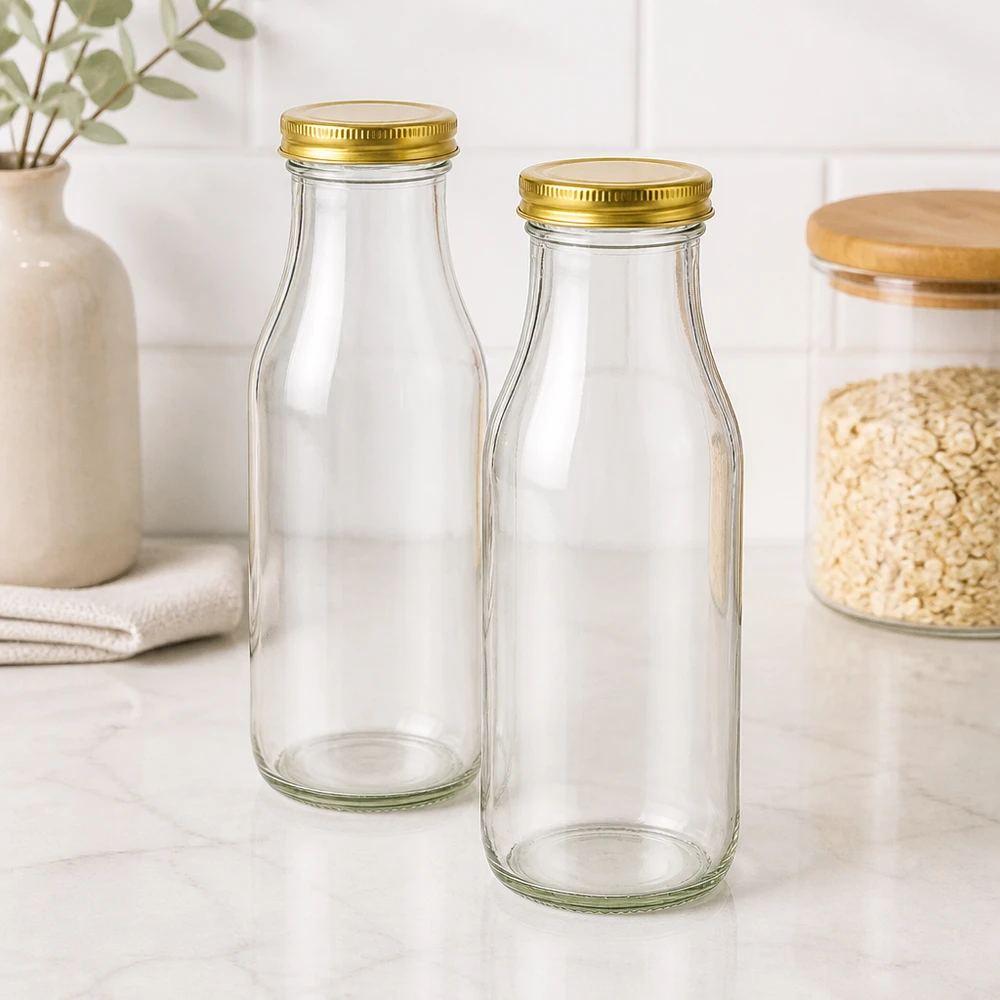 Deux bouteilles en verre UNiTWIST Bottle263 avec couvercles dorés TO43 BioSeal dans une cuisine moderne à côté d'un bocal de stockage de flocons d'avoine