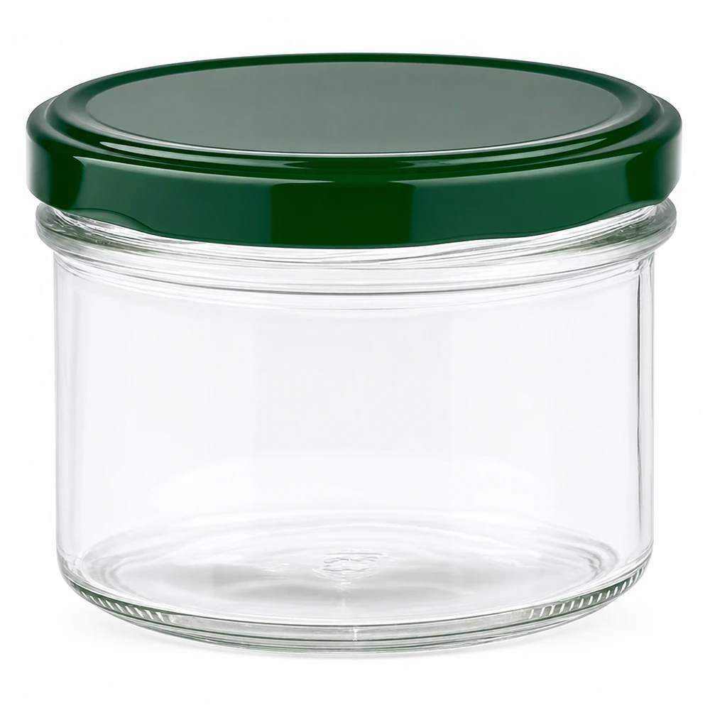 Pot de 225 ml avec couvercle vert BasicSeal UNiTWIST transparent pour confitures et conserves