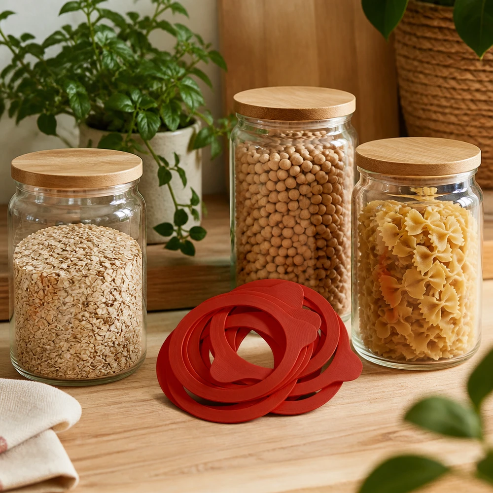 Anneaux de mise en conserve rouges RR100 Caoutchouc naturel devant les bocaux de stockage avec des pâtes Légumes secs Flocons d'avoine Décoration de cuisine