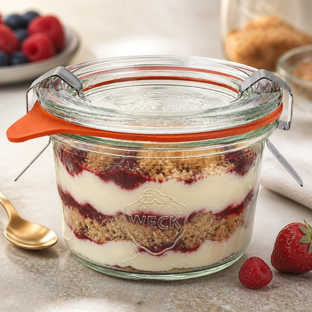 80ml bocal conique complet WECK RR60 WECK Pot renversé 80ml RR60 avec dessert stratifié Tiramisu montre une utilisation polyvalente pour les desserts et le portionnement