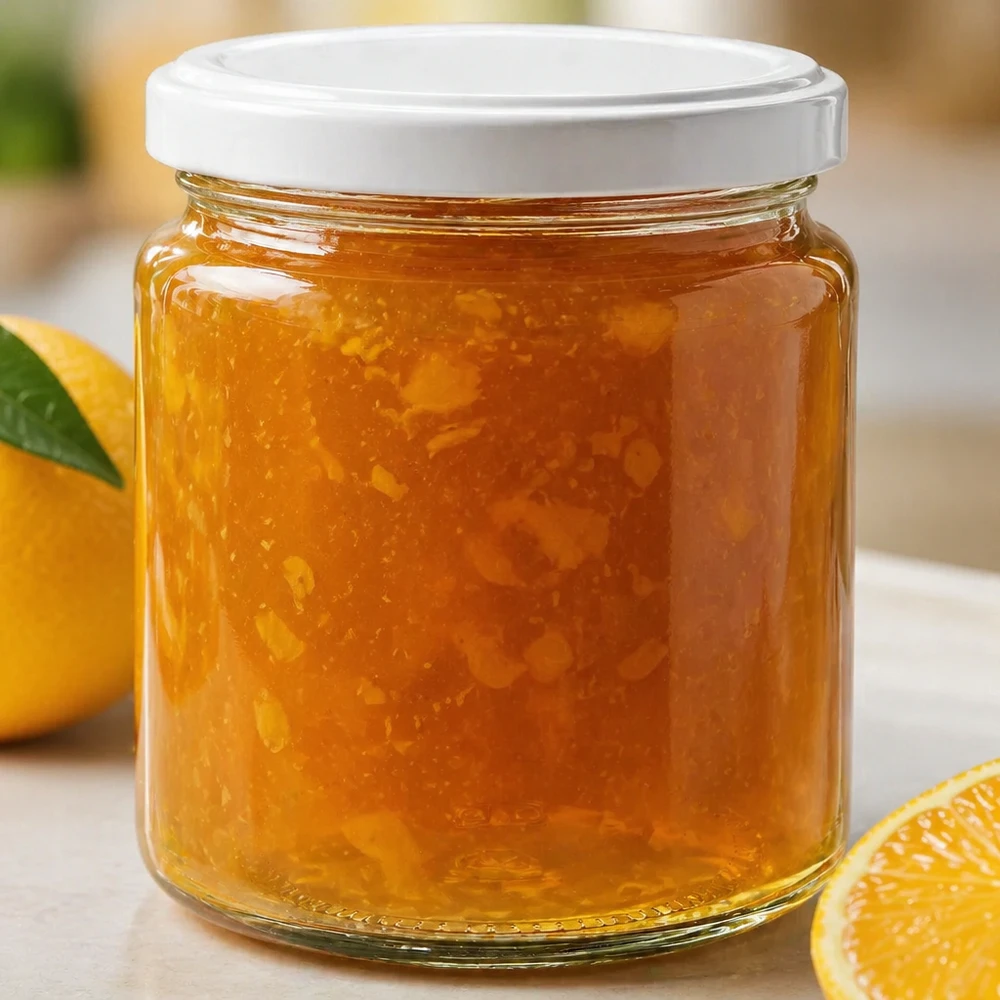 Pot à miel 350 g avec couvercle blanc BasicSeal UNiTWIST Pot de miel de 250 ml rempli de miel doré avec couvercle blanc UNiTWIST à côté d'oranges fraîches sur la table de cuisine
