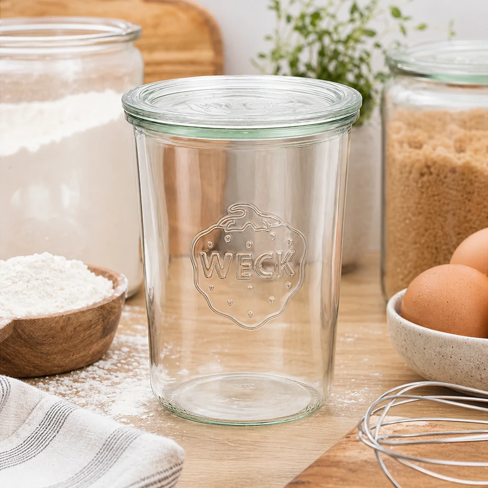Bocal en verre présenté pour les rillettes et préparations de charcuterie