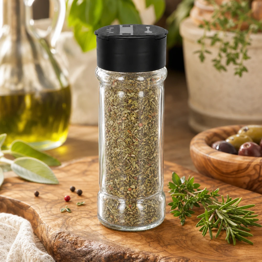 Pot à sel/épices 100 ml avec double saupoudreuse, noir Pot à herbes de 100 ml rempli d'herbes italiennes, avec un saupoudreur double noir, présenté sur une planchette en bois